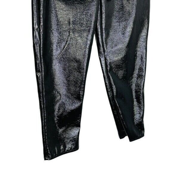 WHO What Wear High Waisted Belted Shiny Faux Leather Black Pants Size 2 - Picture 7 of 10